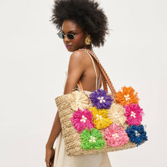 Queenie Floral Straw Tote: Natural