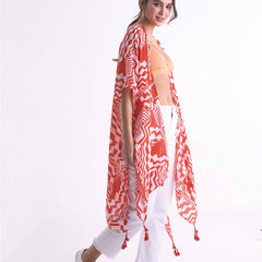 Geometric Print Open Front Kimono: RED / ONE SIZE