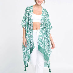 Floral Paisley Open Front Kimono: GRN / ONE SIZE