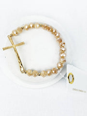 Hammered Cross Crystal Mix Beads Bracelet: LIGHT BROWN / ONE(6)