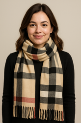 Unisex Beige Plaid Cashmere Scarf