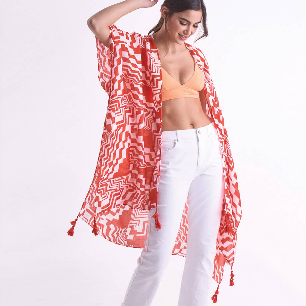 Geometric Print Open Front Kimono: RED / ONE SIZE