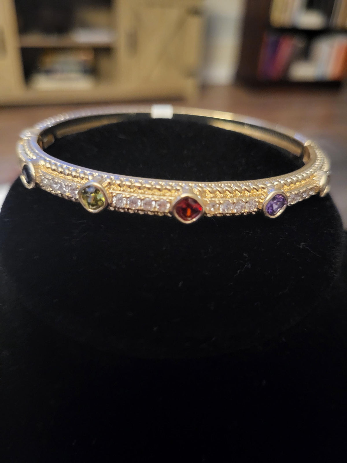 Cubic Zirconia Gemstone 14K Gold Plated Bangle Bracelet