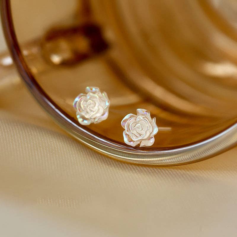 Rose Flower White Pearl Stud Earrings in 925 Sterling Silver: 8 mm