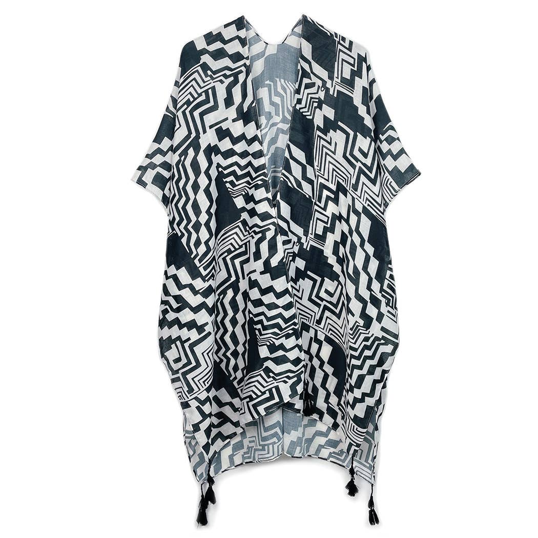 Geometric Print Open Front Kimono: RED / ONE SIZE