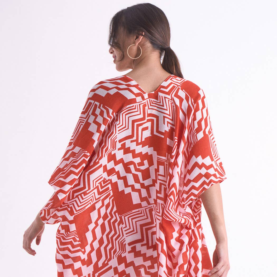 Geometric Print Open Front Kimono: RED / ONE SIZE