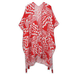 Geometric Print Open Front Kimono: RED / ONE SIZE