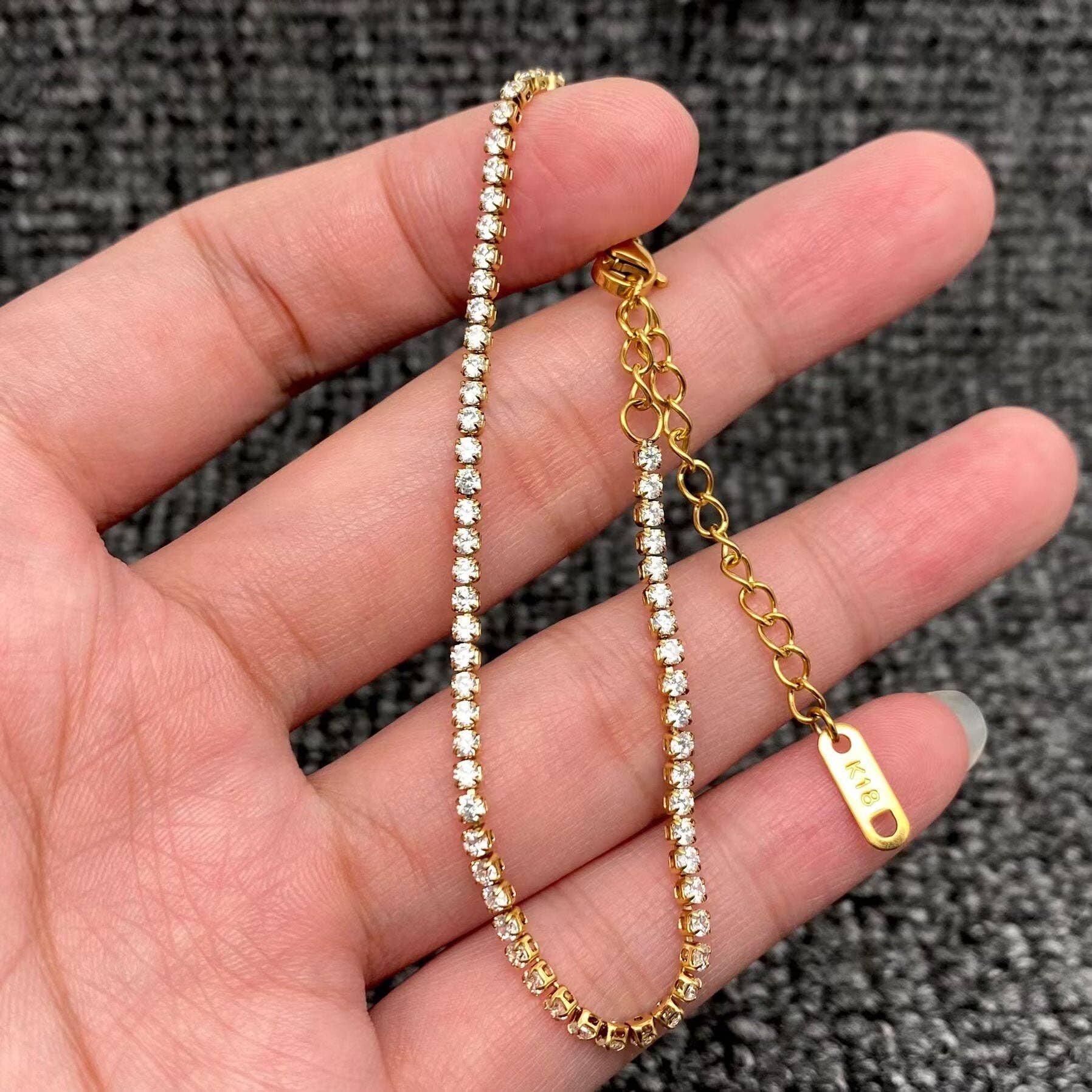 Sparkling Inlay CZ 18K Golden S.Steel Chain Bracelet - FGS: Golden or Silver-2mm