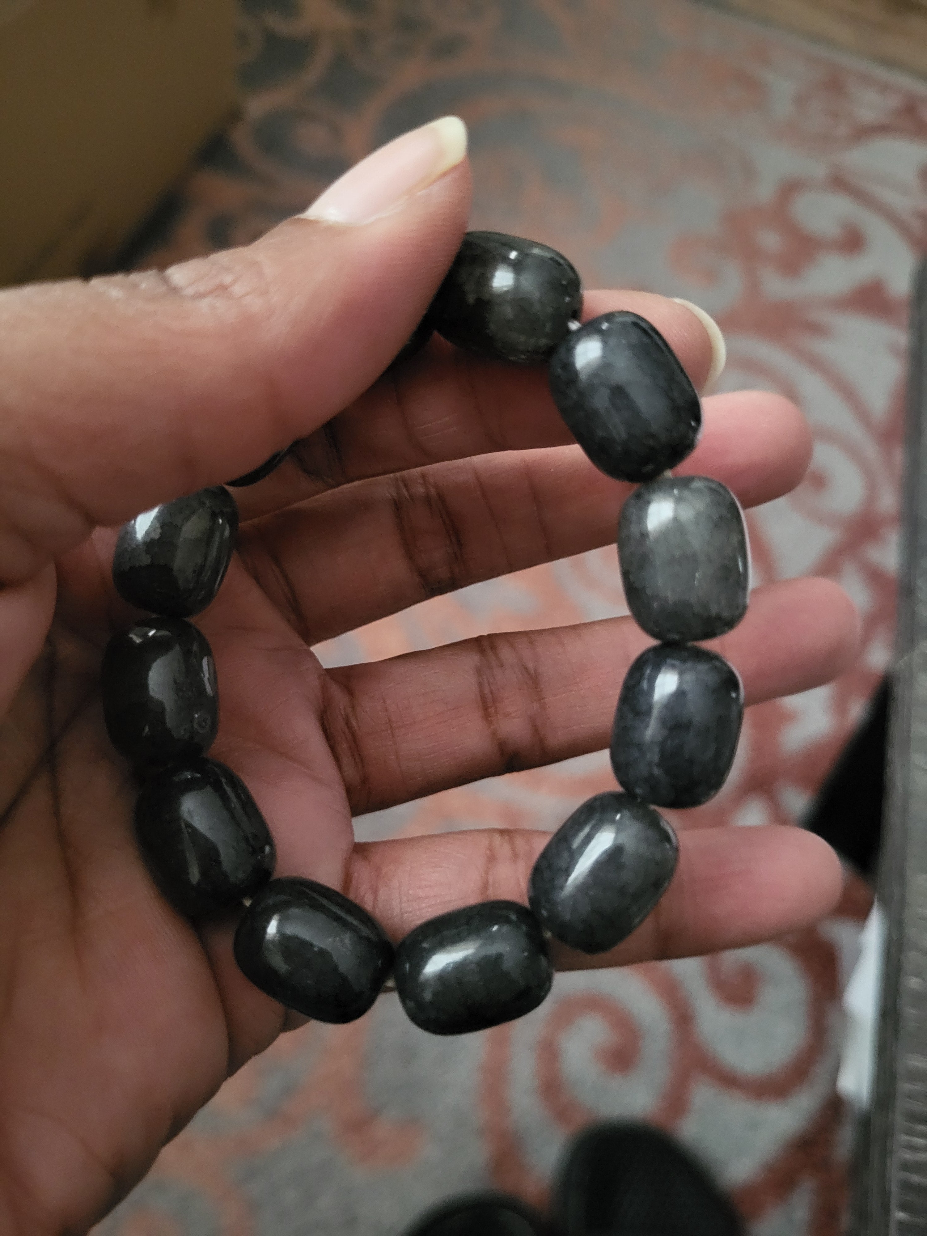 Black Labradorite polished stone stretch bracelet with smooth, chunky beads.