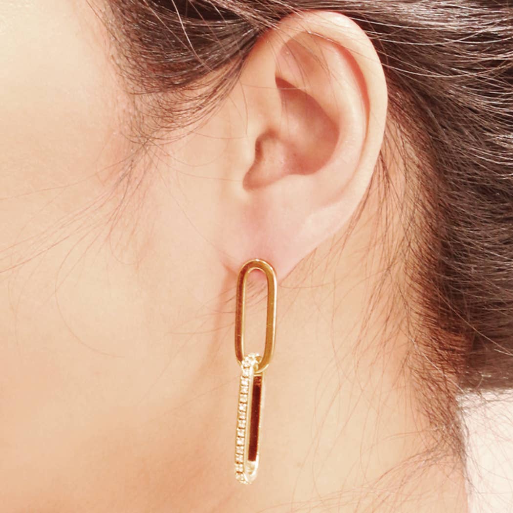 14K Dipped CZ Linked Narrow Hoops Post Earrings: GLD / ONE SIZE