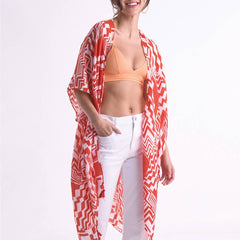 Geometric Print Open Front Kimono: RED / ONE SIZE