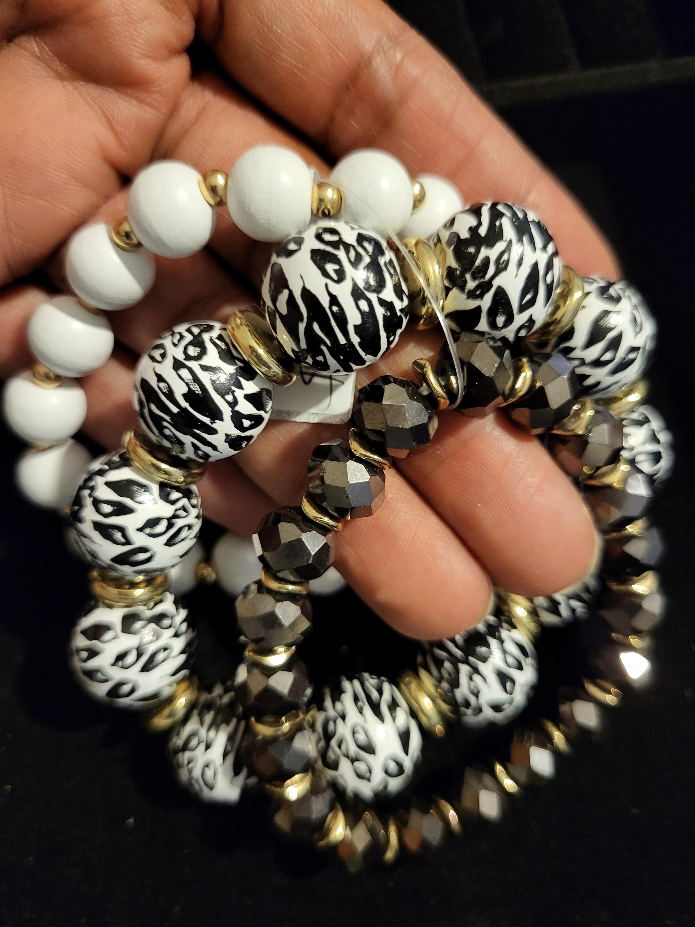 3 piece Beaded Bracelet Set, Black and white animal print