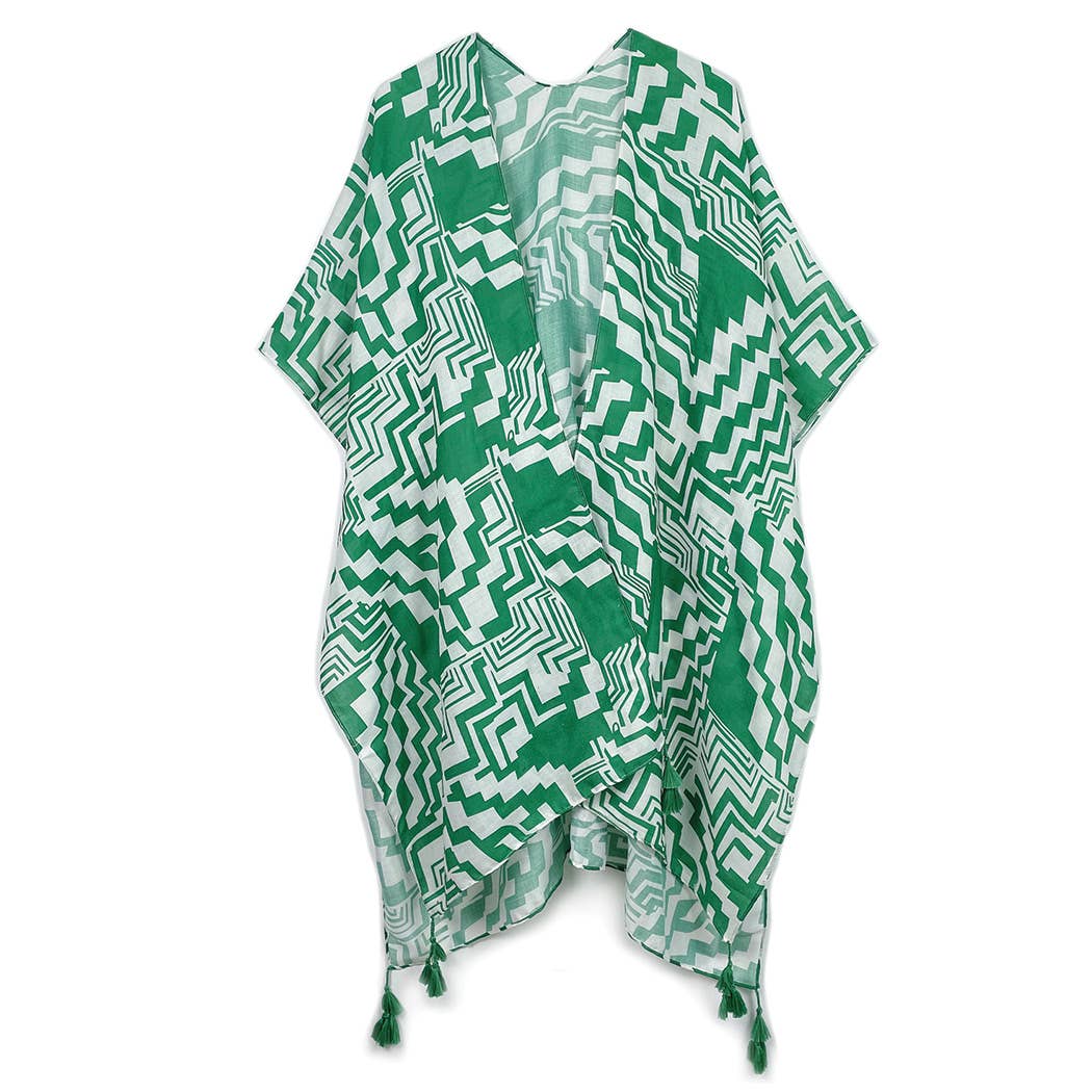 Geometric Print Open Front Kimono: GRN / ONE SIZE