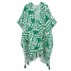 Geometric Print Open Front Kimono: GRN / ONE SIZE