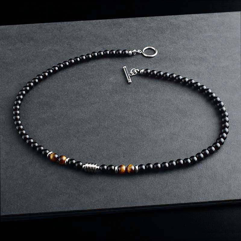 Black Agate Crystal Bead Men Necklace in Stainless Steel: 56 cm / Red tiger's eye