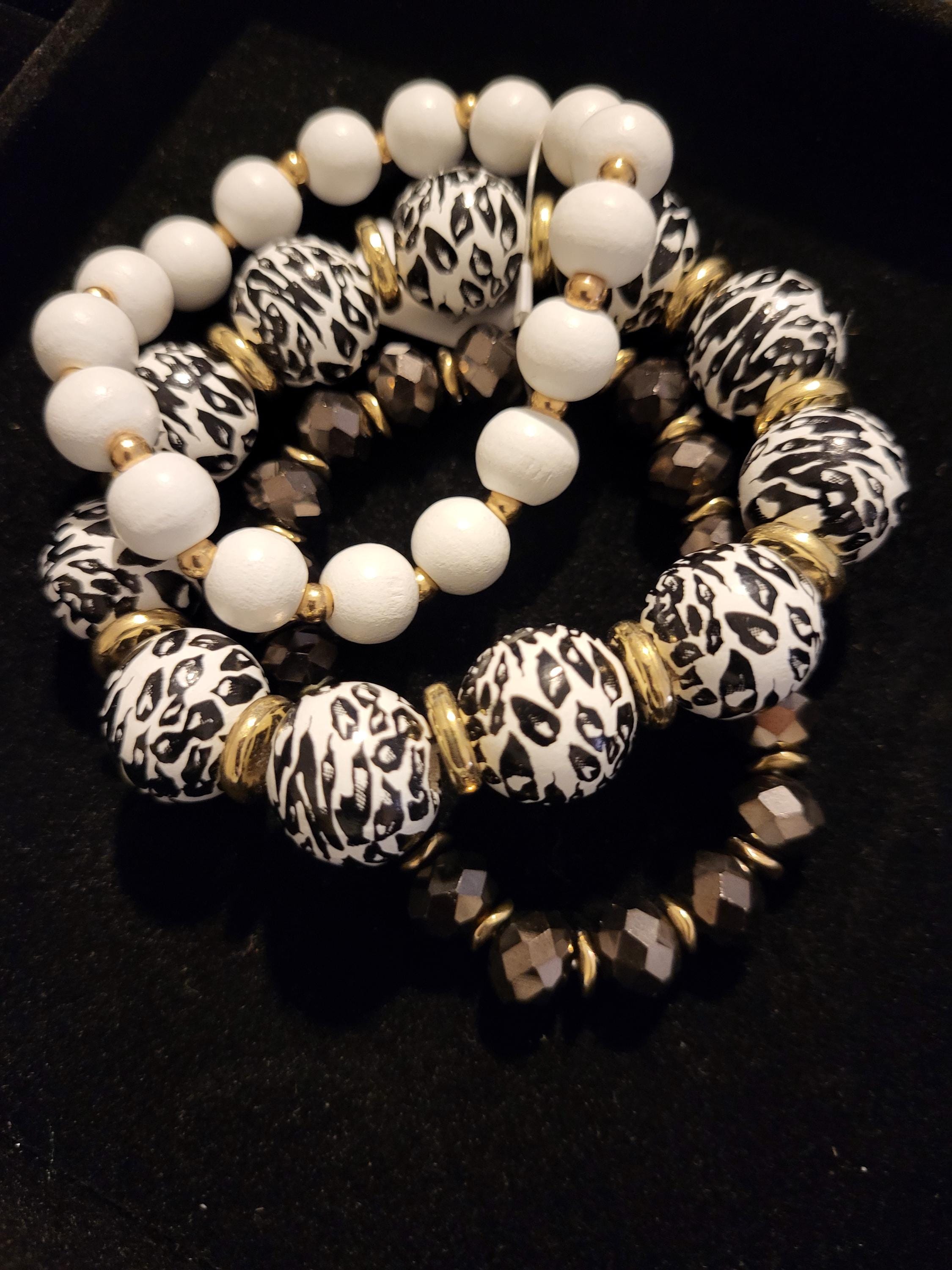 3 piece Beaded Bracelet Set, Black and white animal print