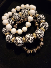 3 piece Beaded Bracelet Set, Black and white animal print
