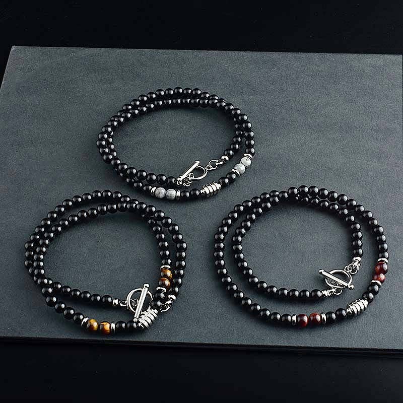 Black Agate Crystal Bead Men Necklace in Stainless Steel: 56 cm / Red tiger's eye