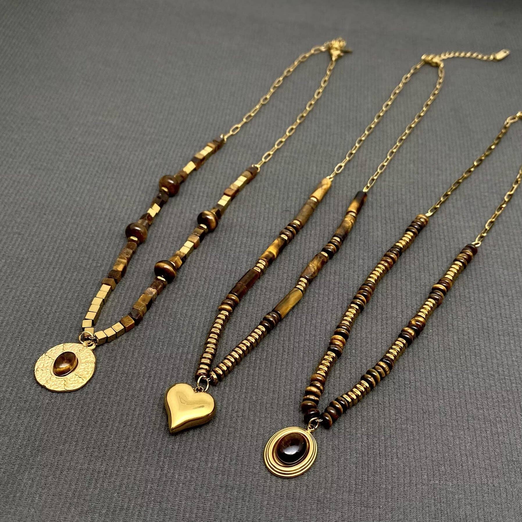 18K Golden S.Steel Tiger's Eye Stone Beaded Necklace
