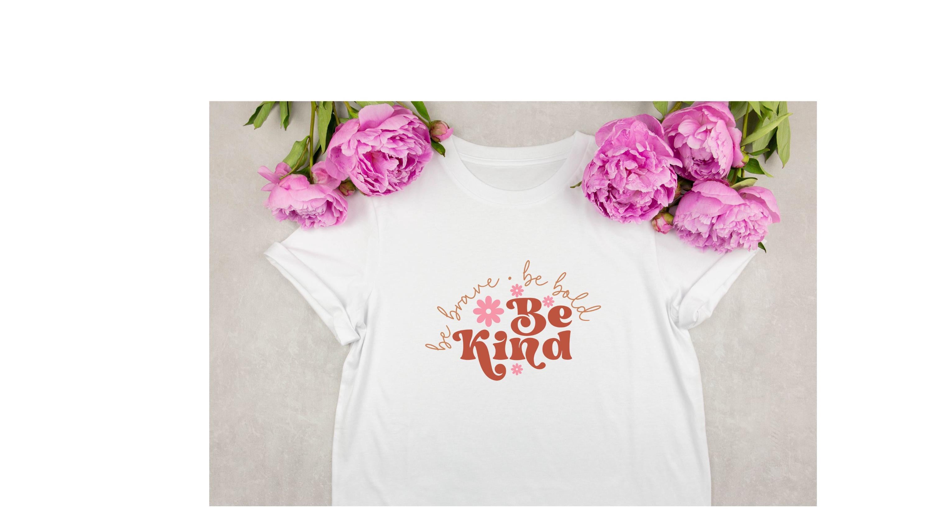 Be Kind, custom hand pressed t-shirt, women owned, totes, aprons