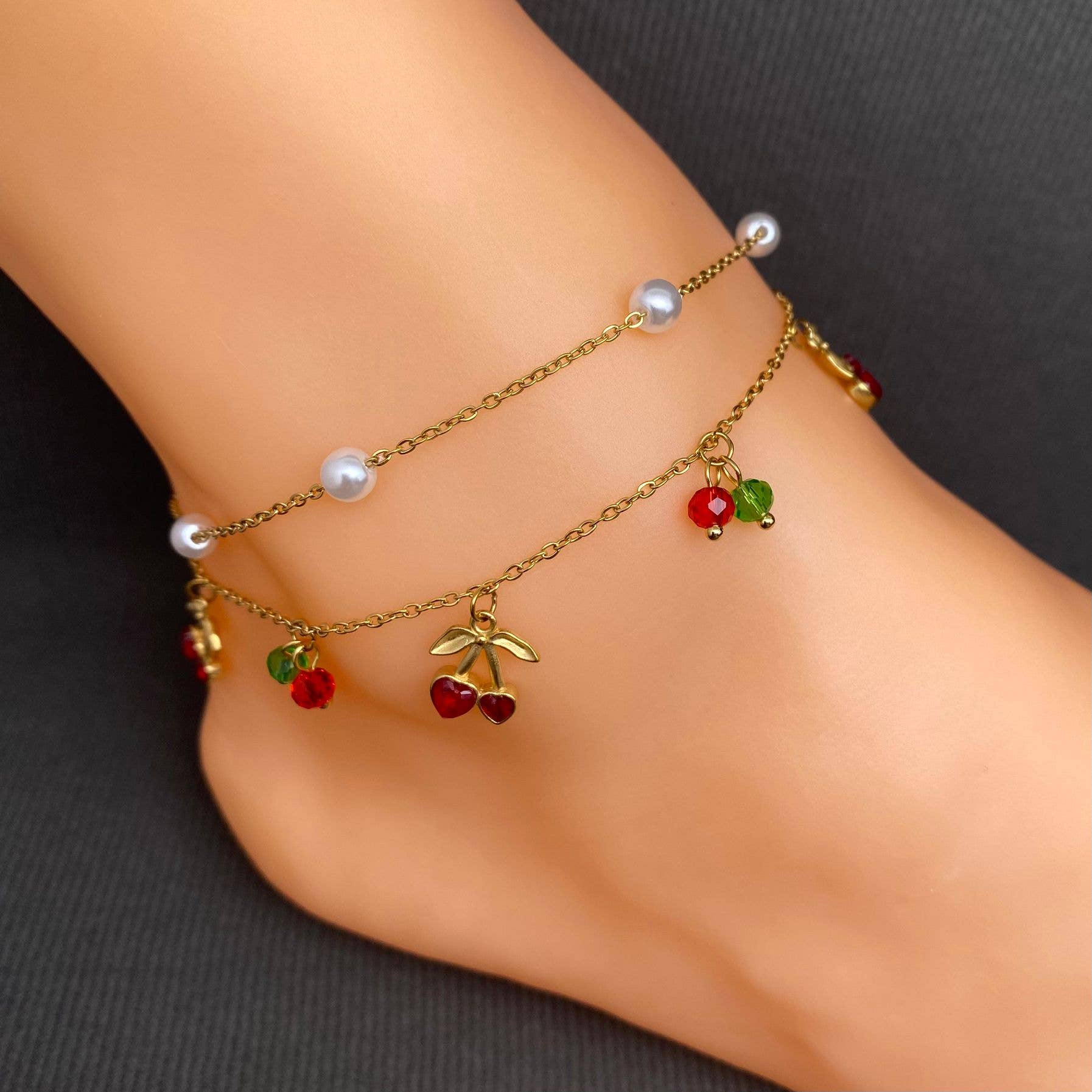Cherry Charm 18K Gold Plated Stainless Steel Anklet - FGS