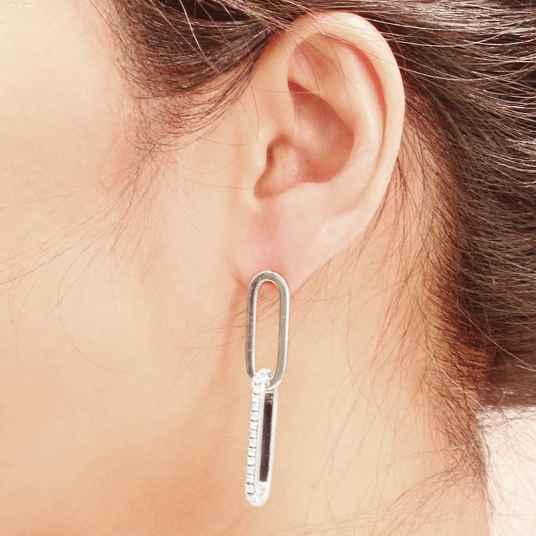 14K Dipped CZ Linked Narrow Hoops Post Earrings: WHITE GOLD / ONE SIZE