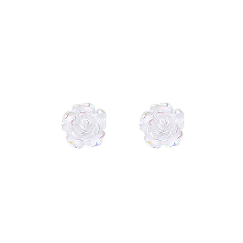 Rose Flower White Pearl Stud Earrings in 925 Sterling Silver: 8 mm