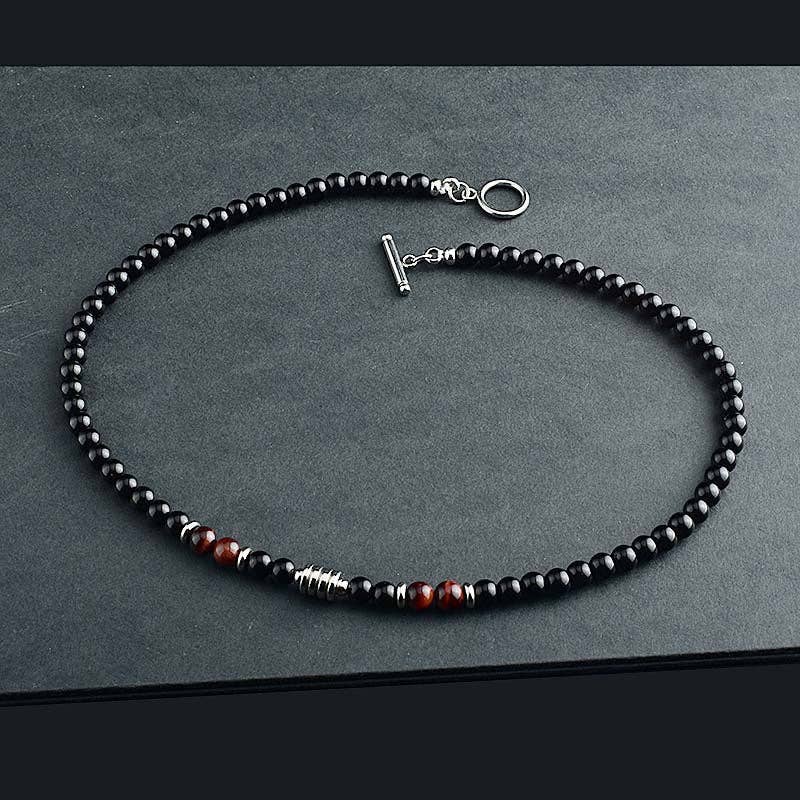 Black Agate Crystal Bead Men Necklace in Stainless Steel: 56 cm / Red tiger's eye
