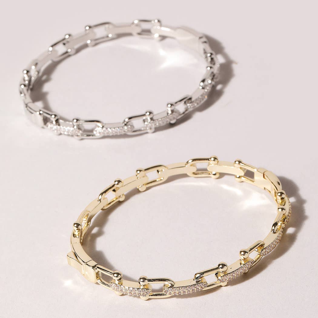 Linked Chain Style Bangle with CZ Buckle Closure : BX / ONE SIZE