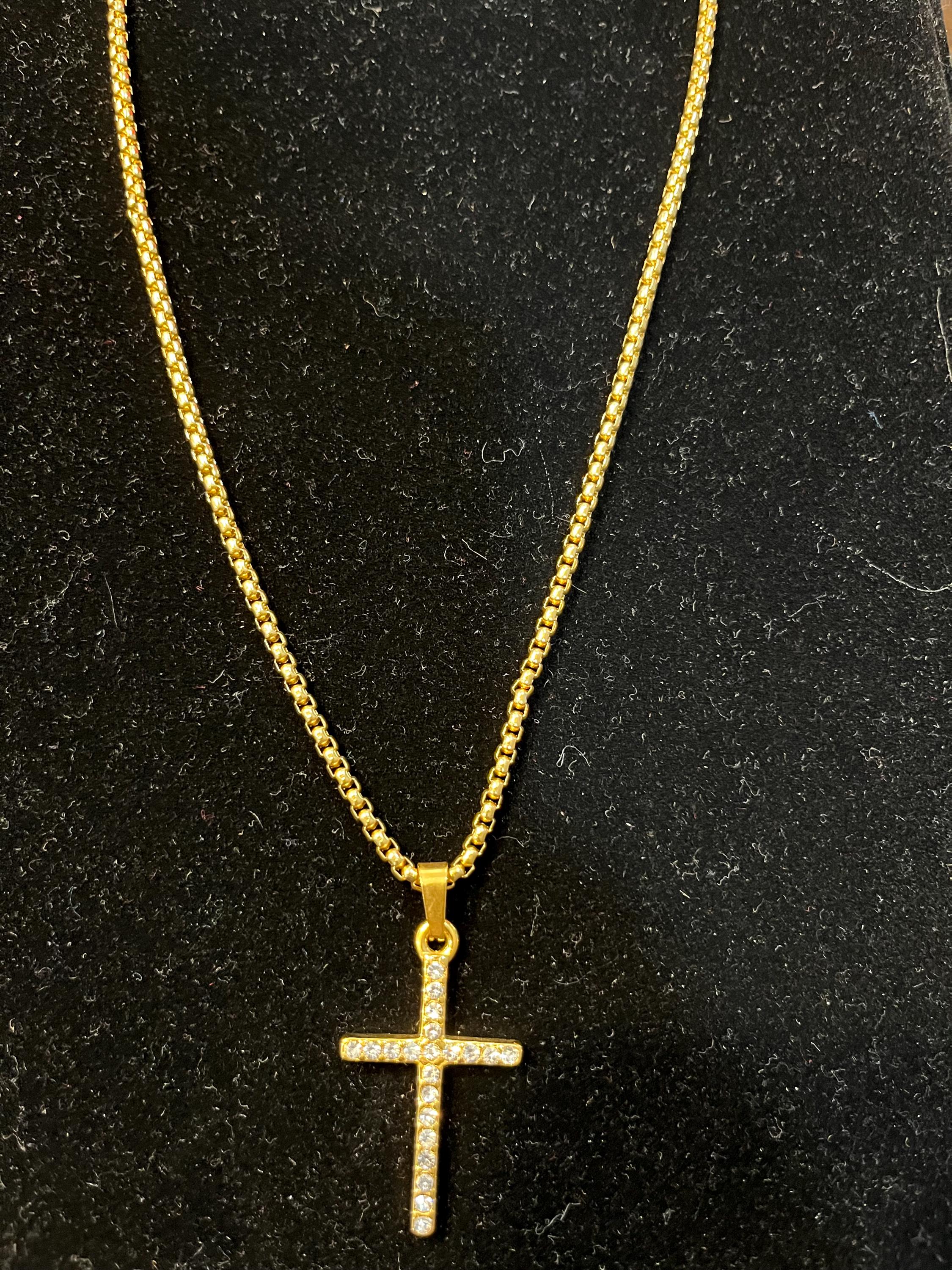 Gold Cross Stainless Steel Necklace/Cubic Zirconia Pendant