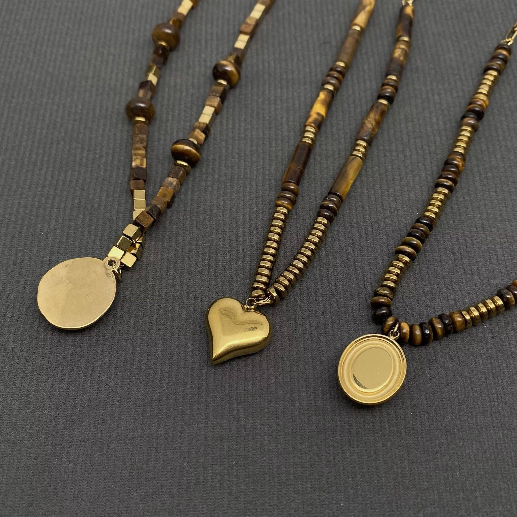 18K Golden S.Steel Tiger's Eye Stone Beaded Necklace