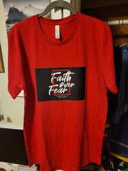 Faith Over Fear red square, custom hand pressed t-shirt, women owned, totes, aprons