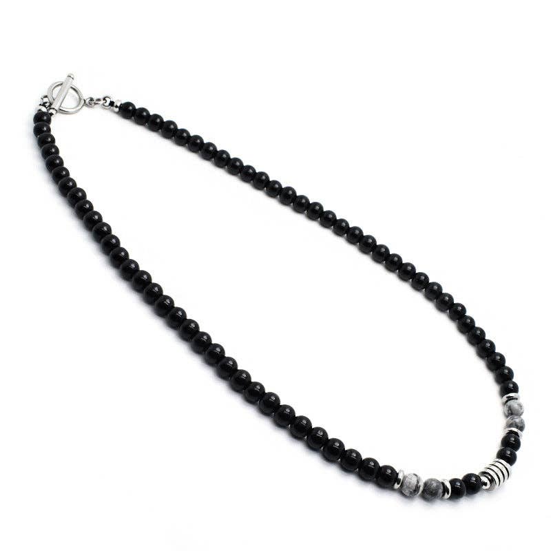 Black Agate Crystal Bead Men Necklace in Stainless Steel: 56 cm / Red tiger's eye