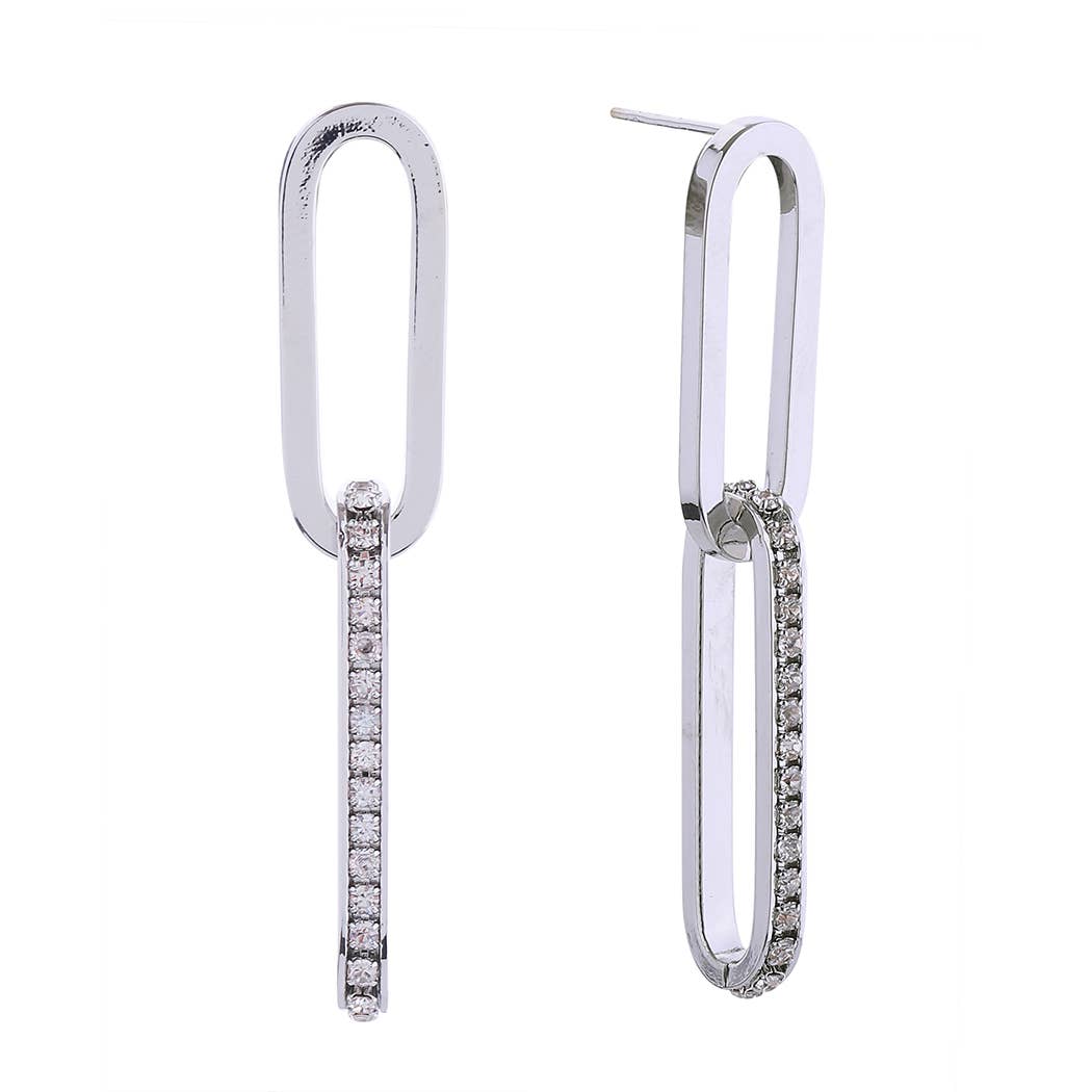 14K Dipped CZ Linked Narrow Hoops Post Earrings: WHITE GOLD / ONE SIZE