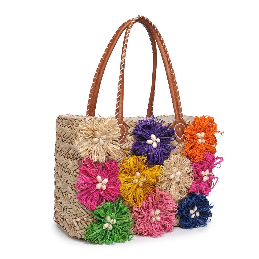Queenie Floral Straw Tote: Natural