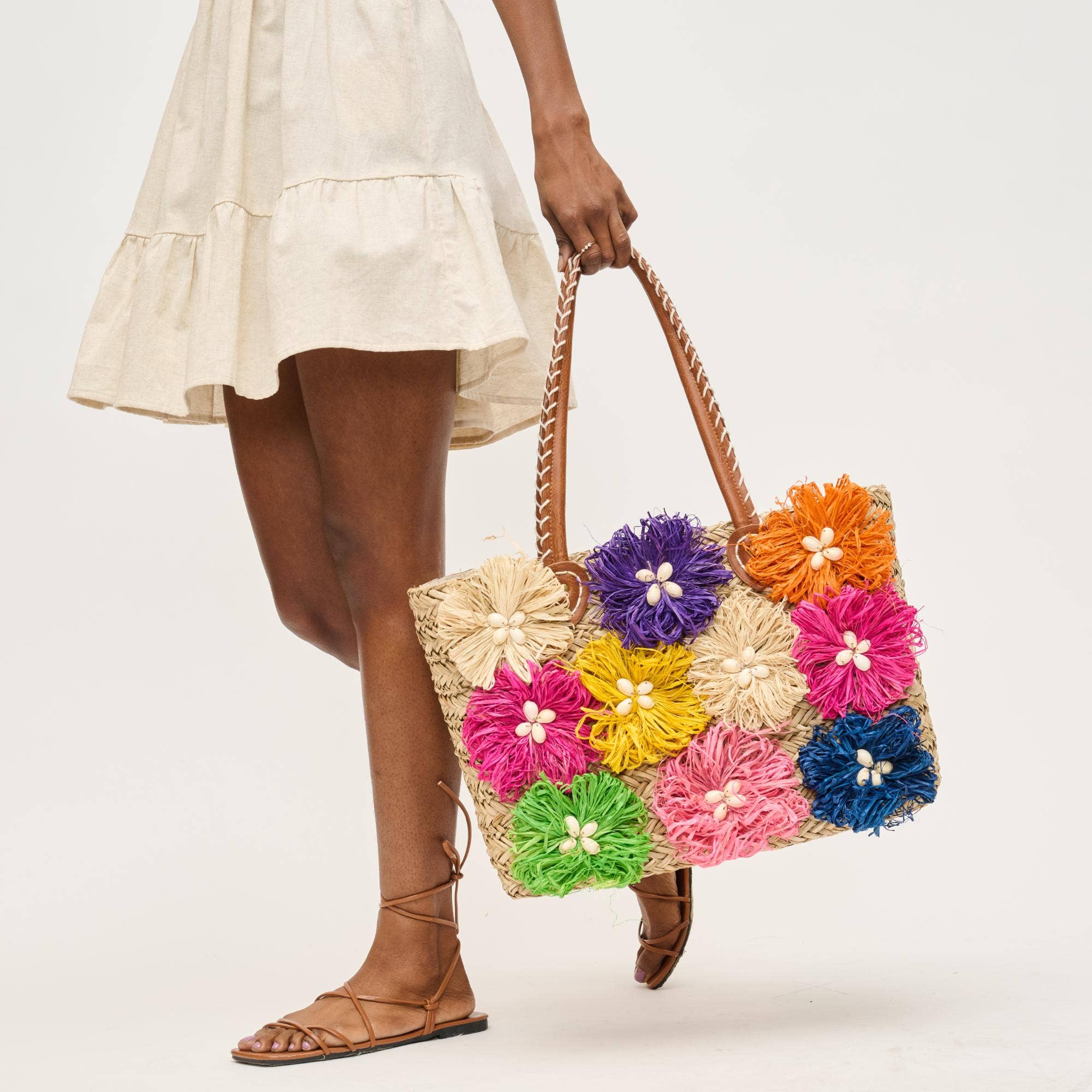 Queenie Floral Straw Tote: Natural