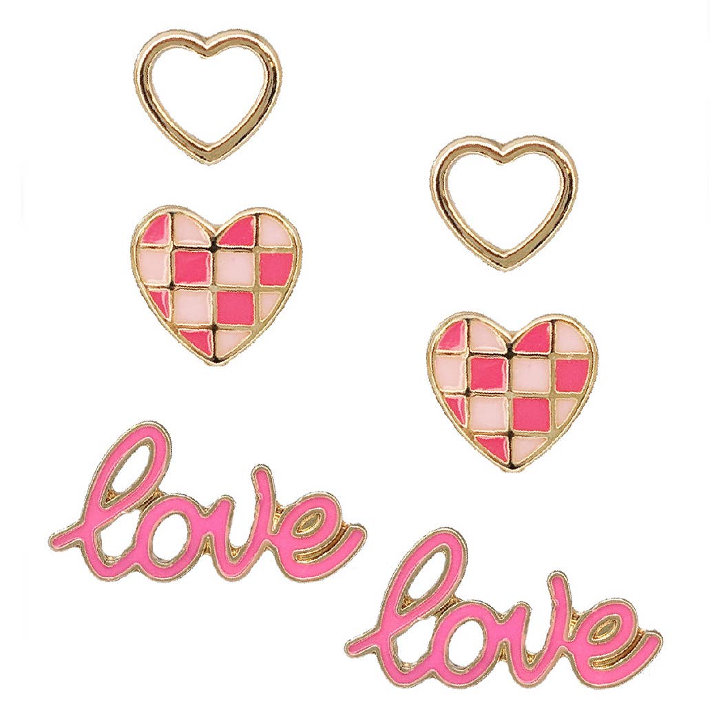 Love Checkered Heart 3 in 1 Post Earrings: GMX / ONE SIZE
