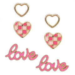 Love Checkered Heart 3 in 1 Post Earrings: GMX / ONE SIZE