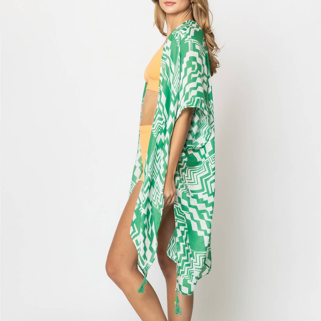 Geometric Print Open Front Kimono: RED / ONE SIZE
