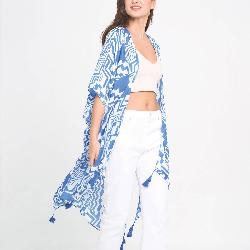Geometric Print Open Front Kimono: RED / ONE SIZE