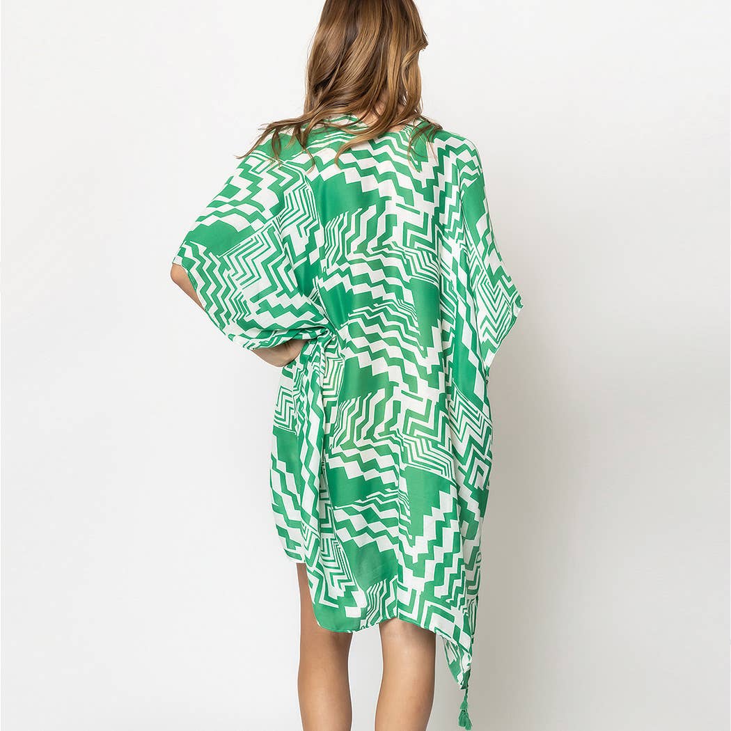 Geometric Print Open Front Kimono: GRN / ONE SIZE