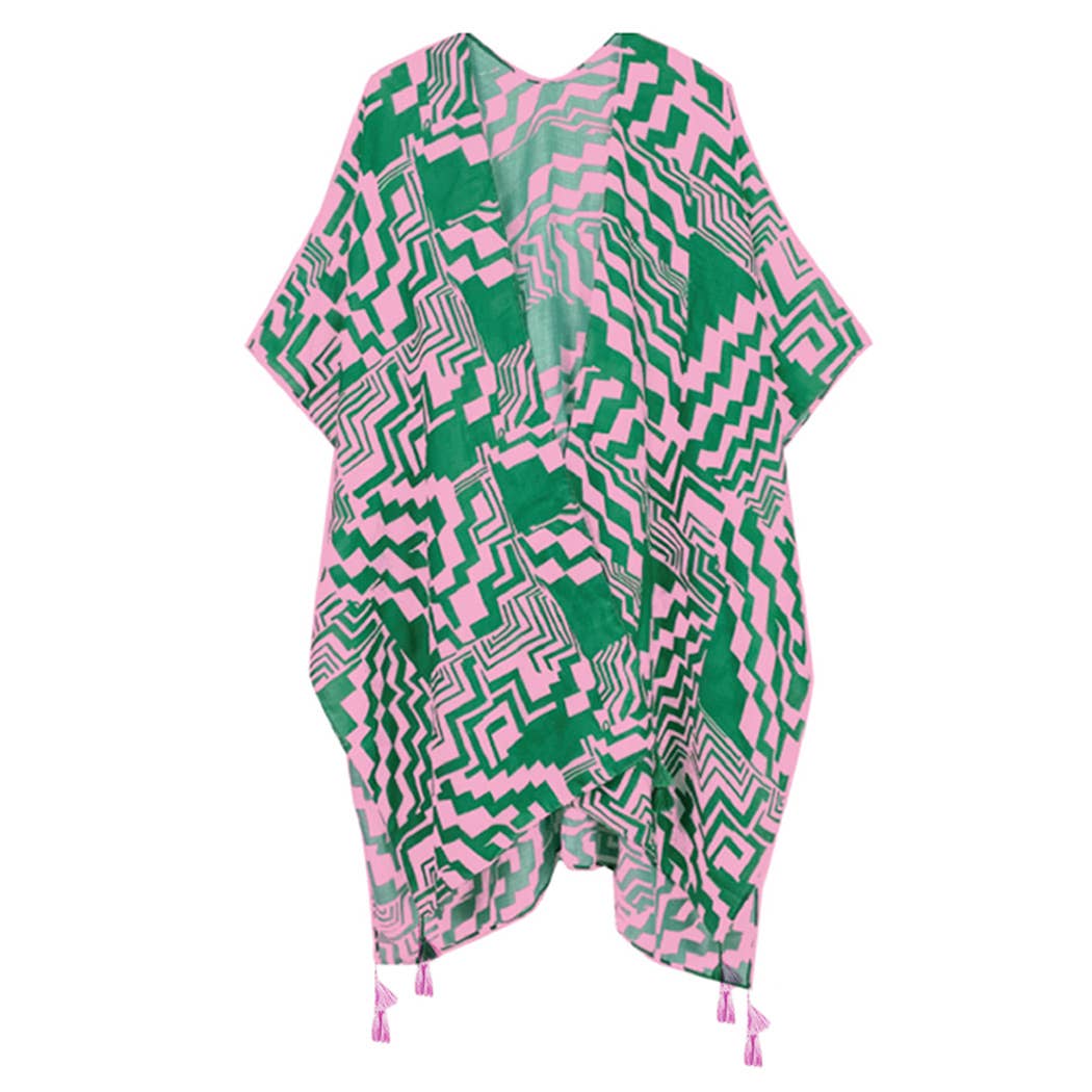 Geometric Print Open Front Kimono: RED / ONE SIZE