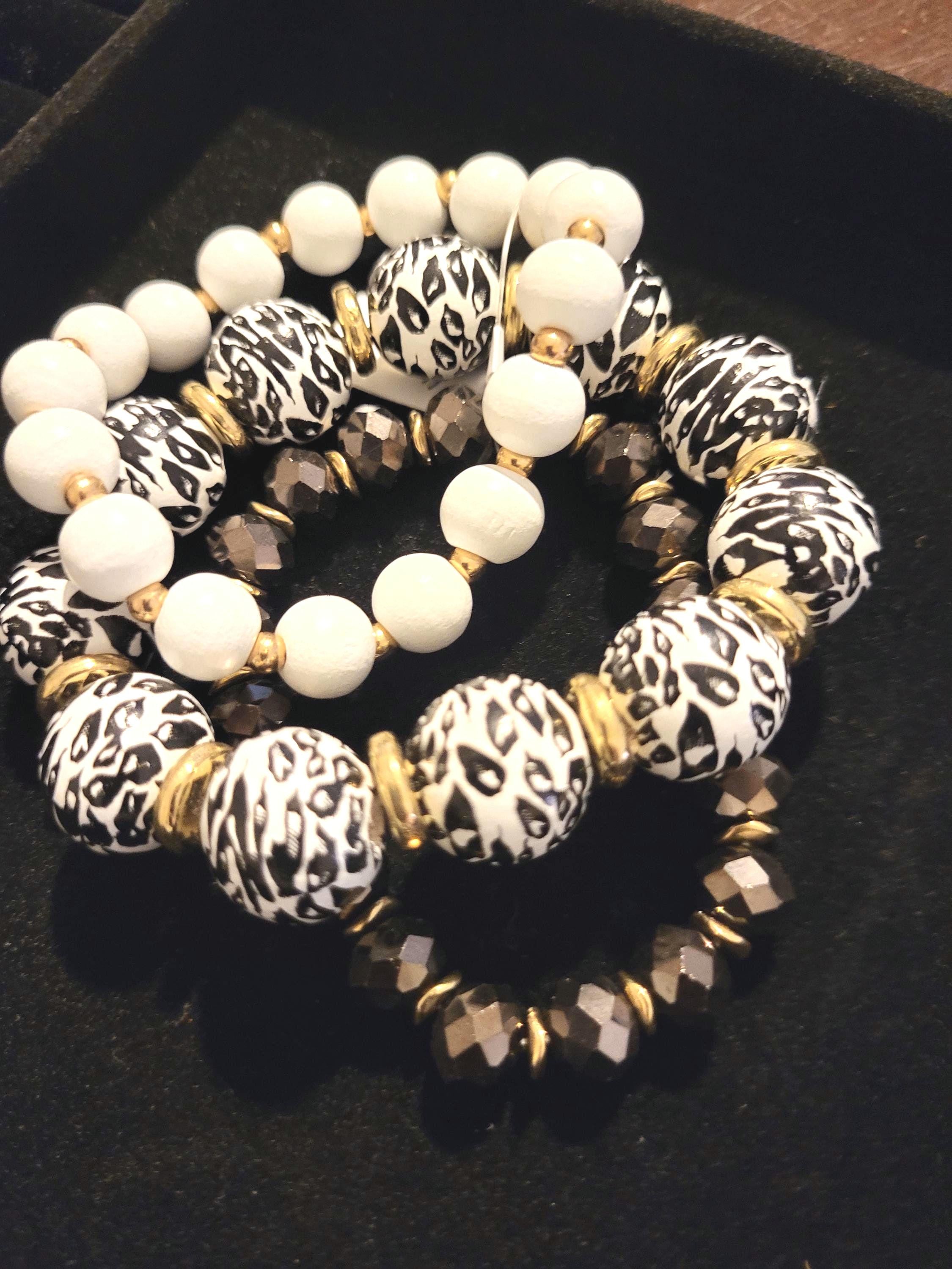 3 piece Beaded Bracelet Set, Black and white animal print