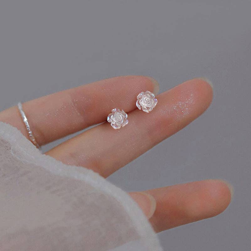 Rose Flower White Pearl Stud Earrings in 925 Sterling Silver: 8 mm