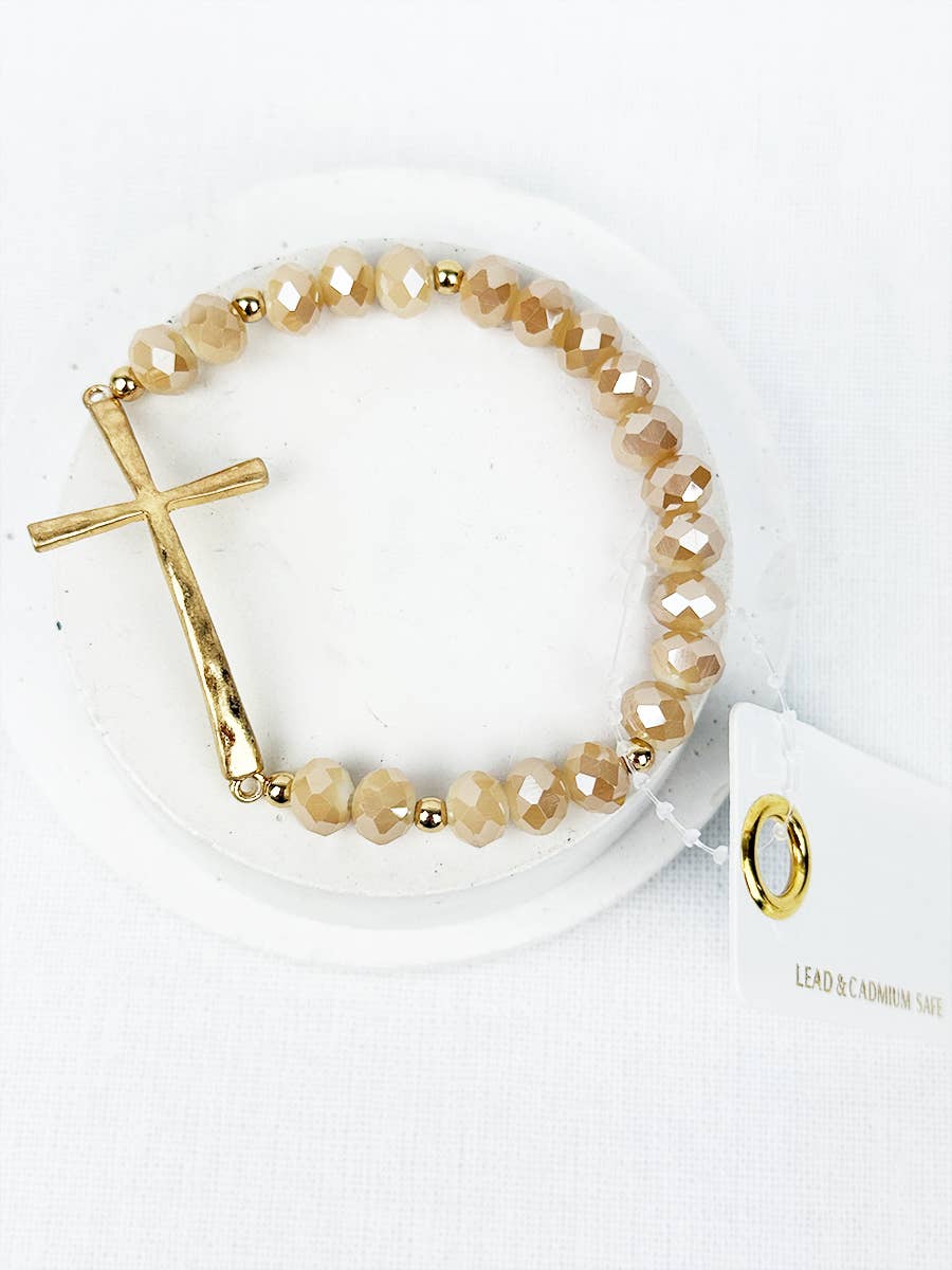 Hammered Cross Crystal Mix Beads Bracelet: LIGHT BROWN / ONE(6)