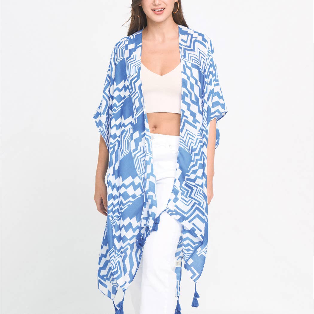 Geometric Print Open Front Kimono: RED / ONE SIZE