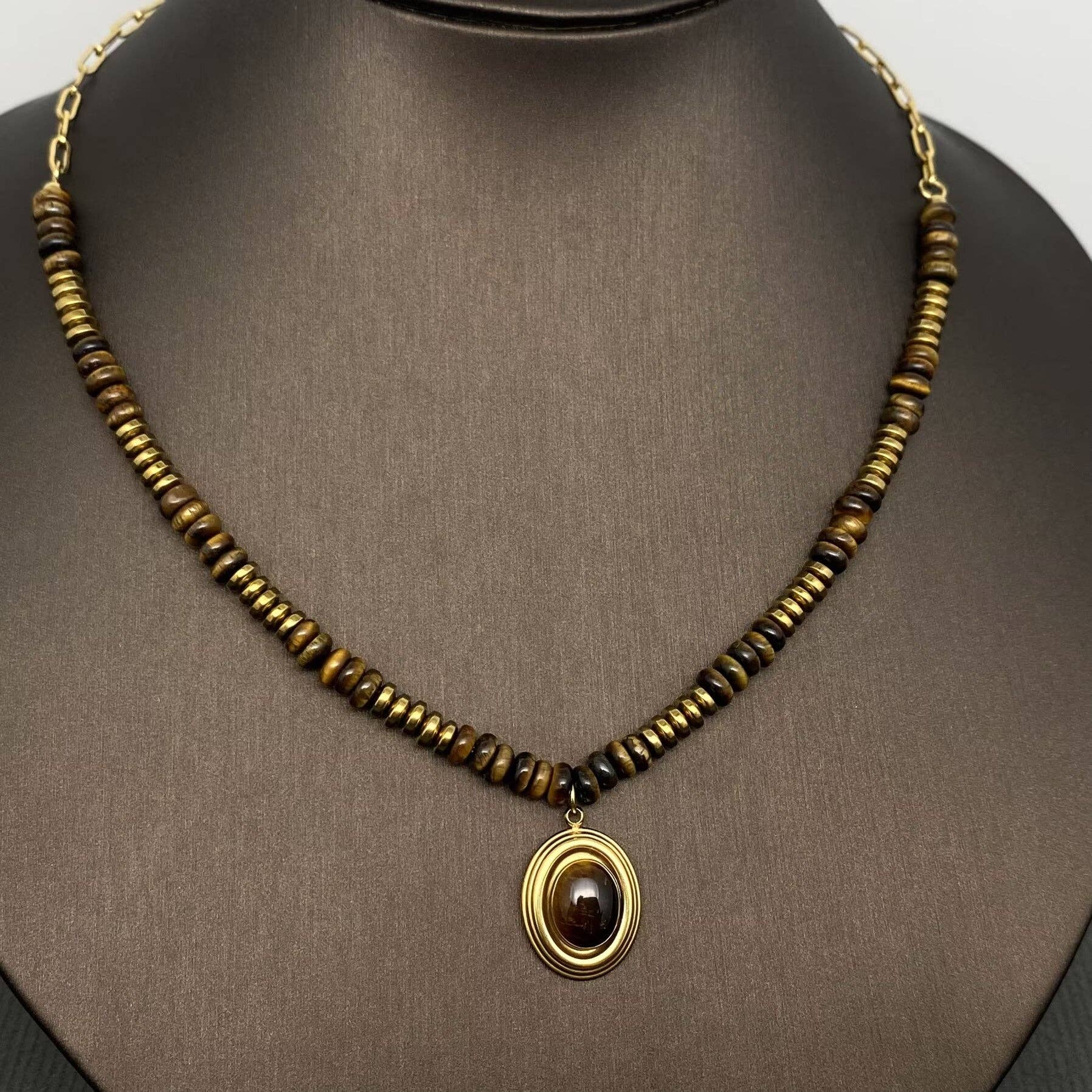 18K Golden S.Steel Tiger's Eye Stone Beaded Necklace