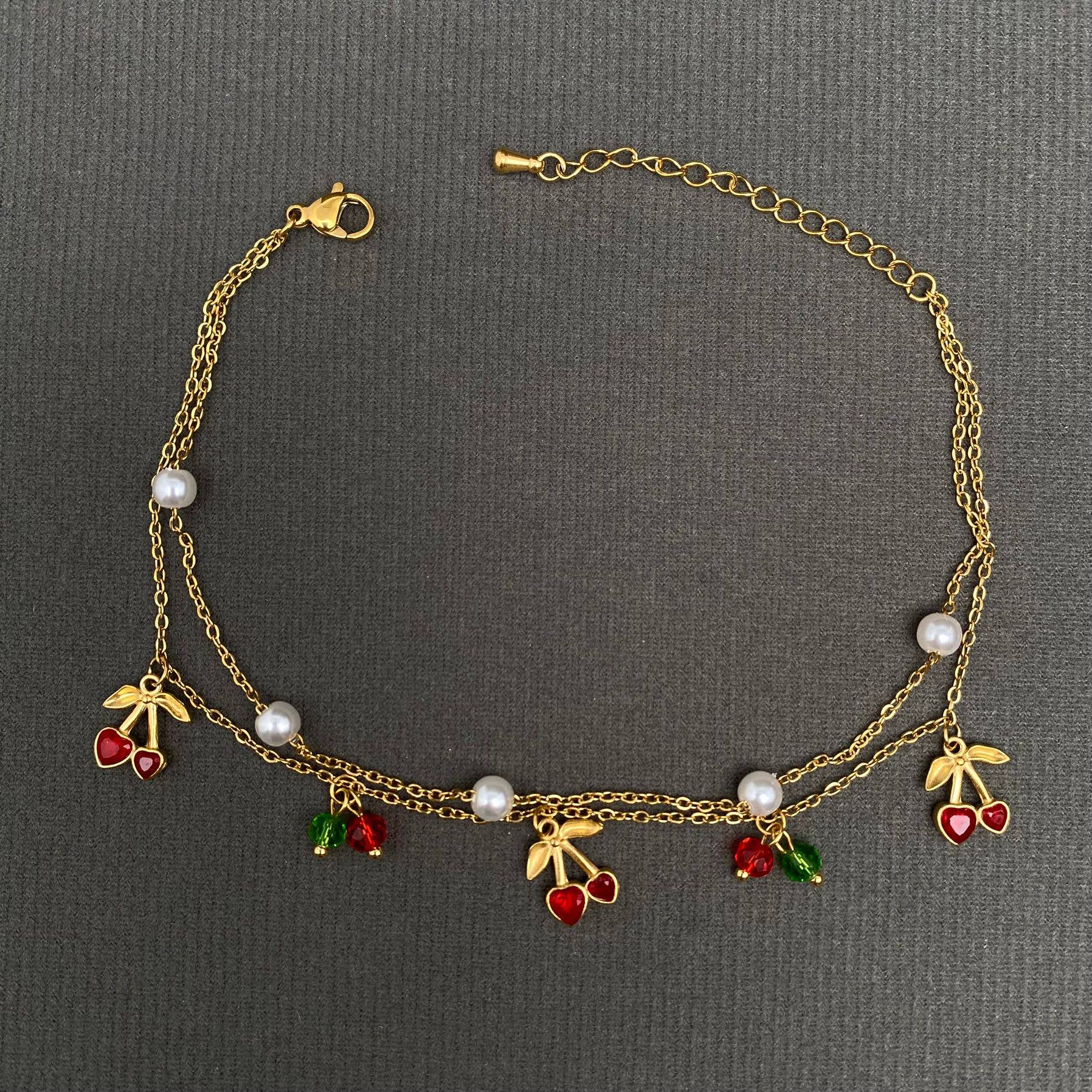 Cherry Charm 18K Gold Plated Stainless Steel Anklet - FGS