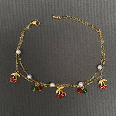 Cherry Charm 18K Gold Plated Stainless Steel Anklet - FGS