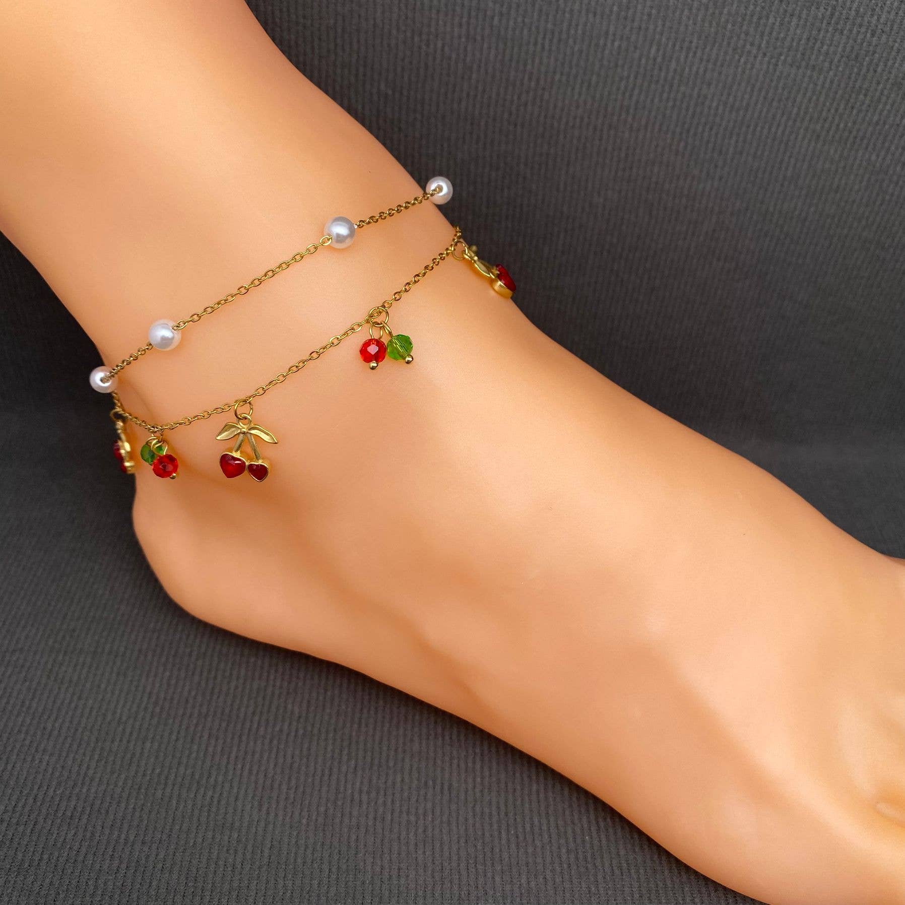 Cherry Charm 18K Gold Plated Stainless Steel Anklet - FGS